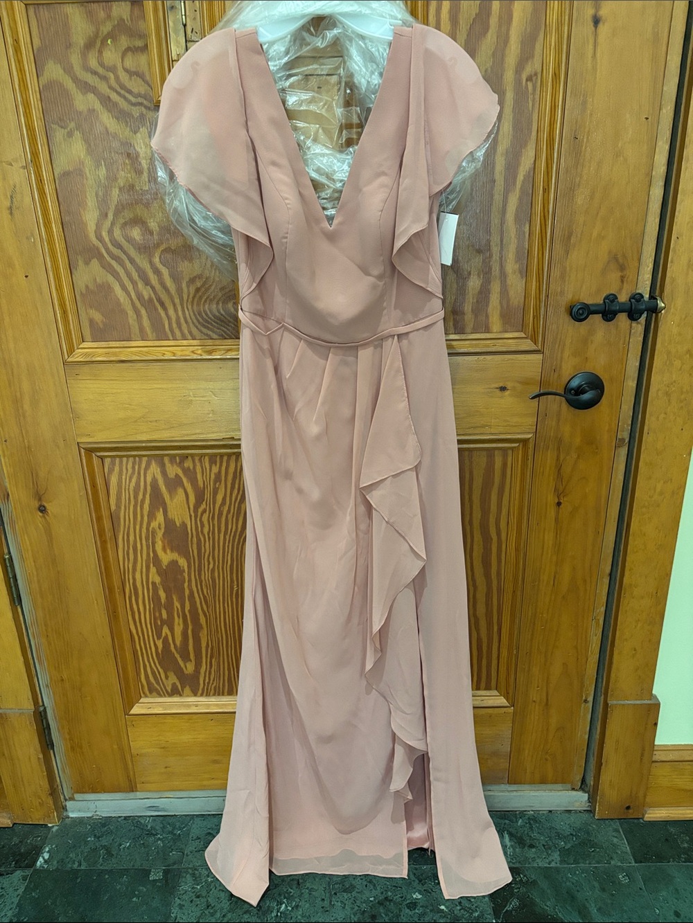 Elegant Desert Rose Ruffle V-Neck short flutter sleeve Maxi Dress